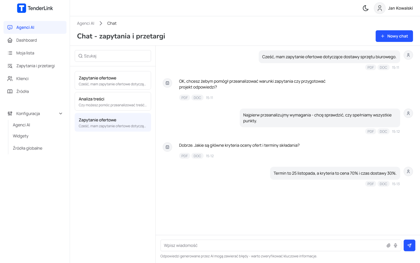 Chat z dokumentacją Tenderlink AI